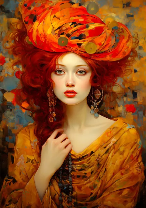 Geschilderd portret van een vrouw met rood haar en een oranje hoofdtooi