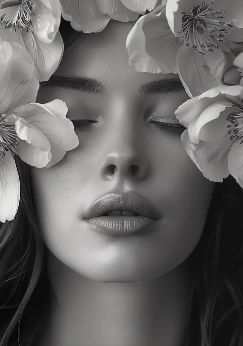 Zwart-wit close-up portret van een vrouw met gesloten ogen tussen grote bloemen.