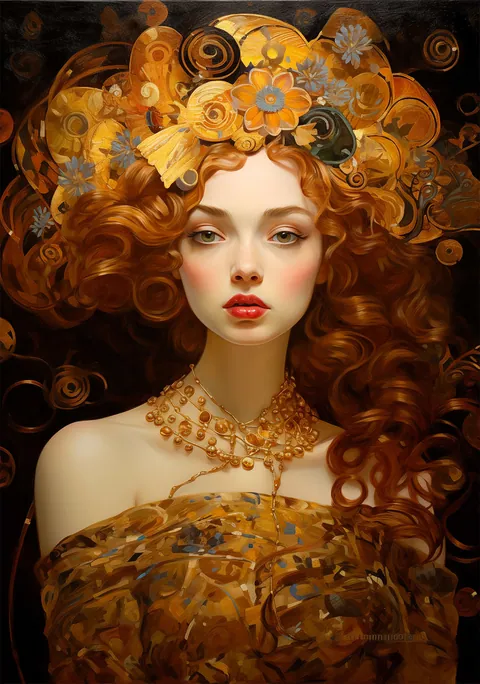 Schilderij van een vrouw met roodbruine krullen en gouden bloemenkrans