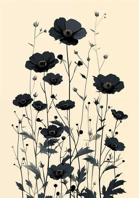 Grafische illustratie van zwarte veldbloemen op een lichte beige achtergrond