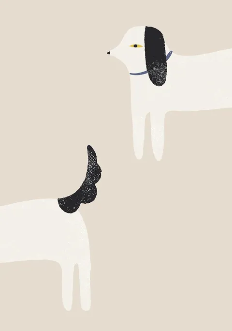 Illustratie van een witte hond in twee delen op een beige achtergrond