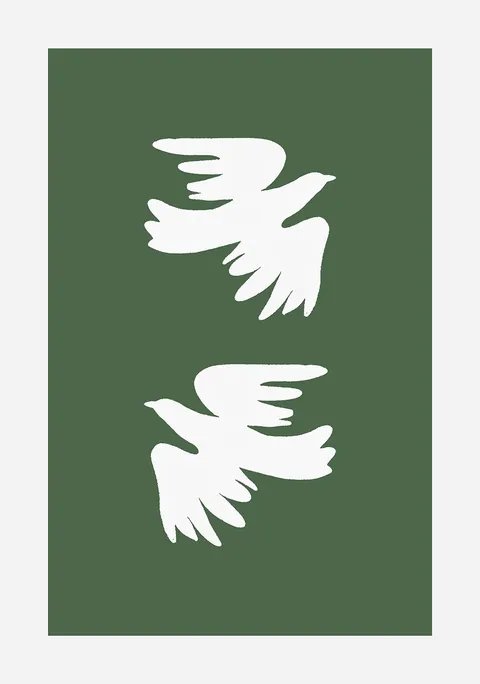 Grafische illustratie van twee witte vliegende vogels tegen een donkergroene achtergrond.