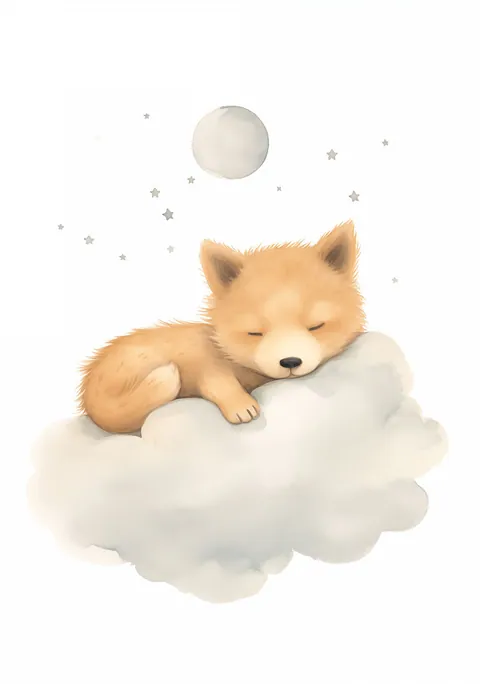 Aquarel illustratie van een slapend wolvenwelpje op een wolk onder de maan