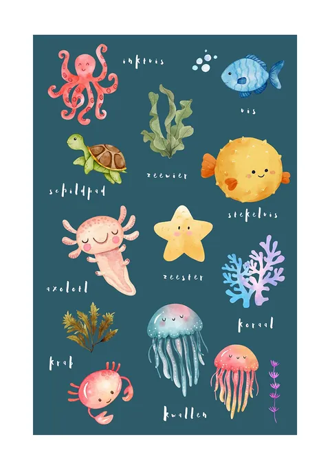 Illustratie van vrolijke zeedieren met Nederlandse namen op een donkerblauwe achtergrond