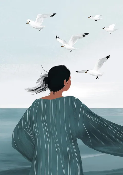 Illustratie van een vrouw op de rug gezien die uitkijkt over zee met meeuwen