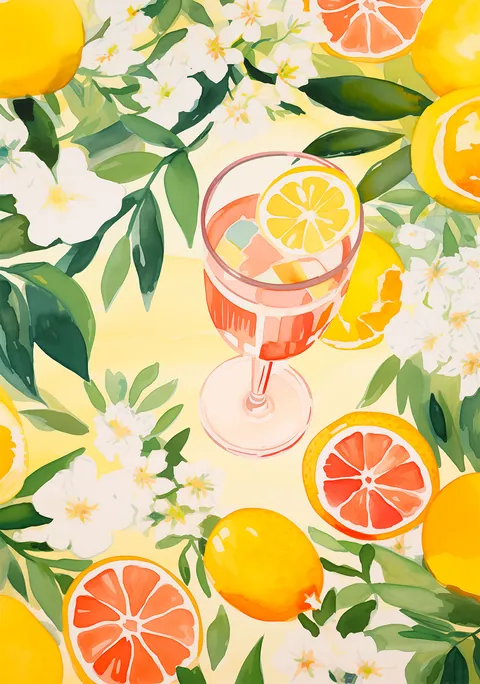 Aquarel illustratie van een glas cocktail omringd door citroenen, grapefruits en witte bloesem