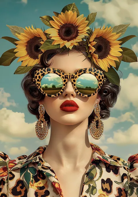 Portret van een vrouw met zonnebloemen in haar haar en een luipaardprint zonnebril.