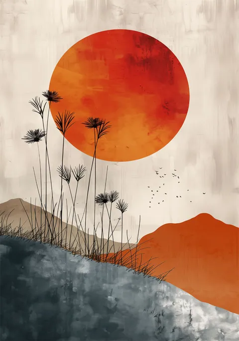 Illustratie van een grote oranje zon boven heuvels met zwarte grassen en vogels.