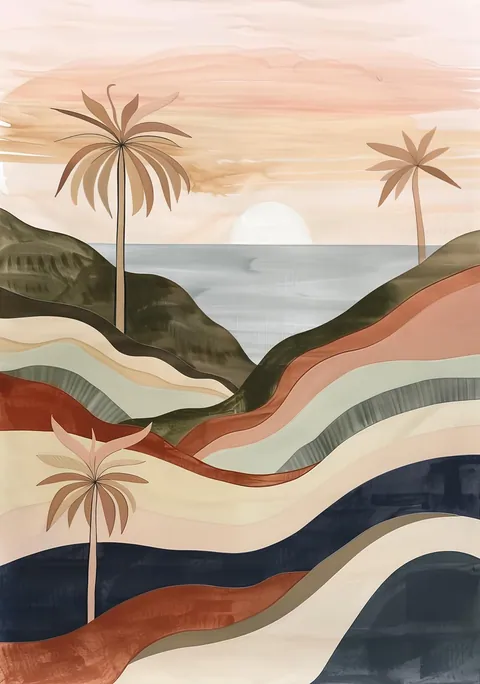 Geschilderde illustratie van gelaagde heuvels met palmbomen en een zon boven zee
