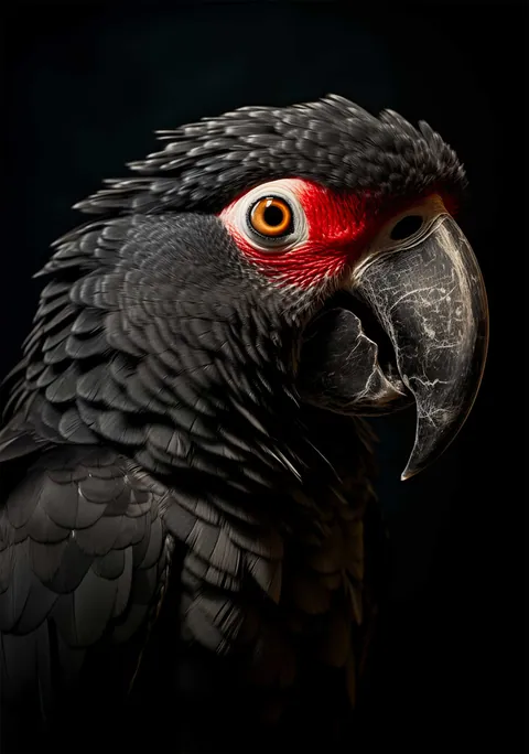 Close-up van een zwarte papegaai met een rood oogmasker en oranje oog.