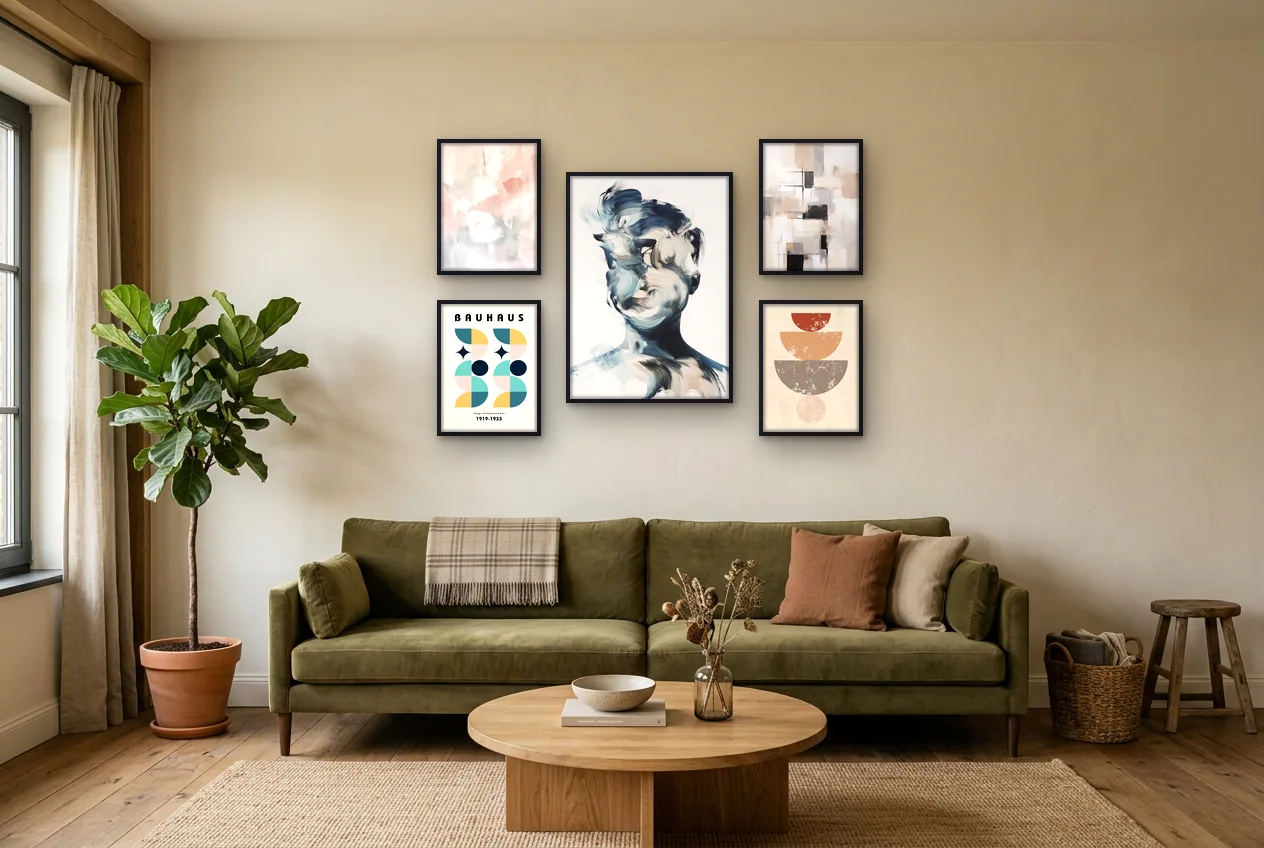 Fotowand met vijf abstracte posters in een kamer