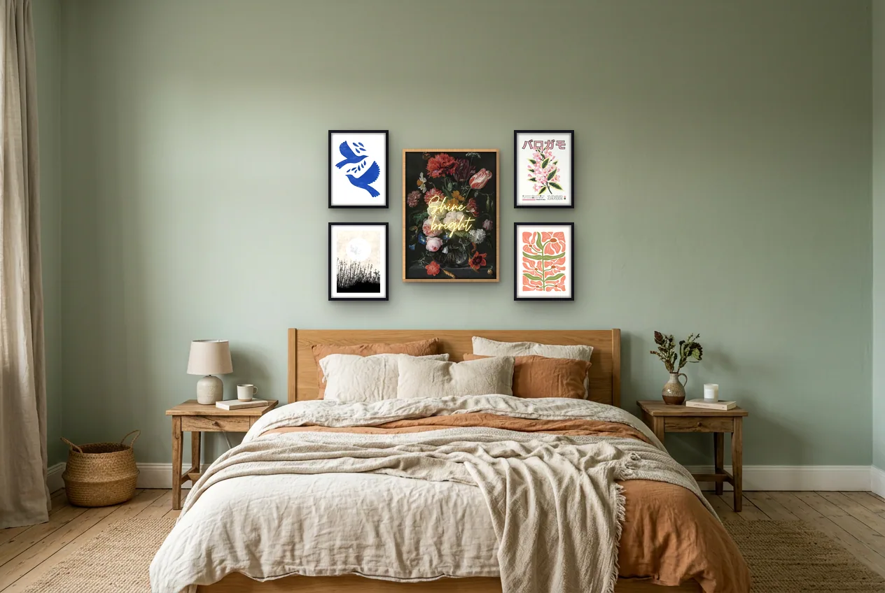 Fotowand met vijf botanische posters in een kamer