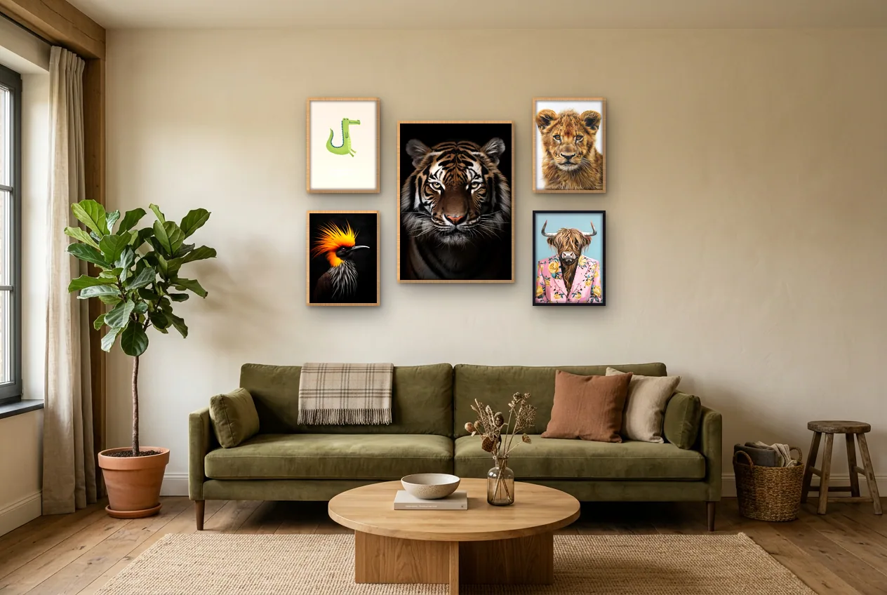 Fotowand met vijf dierenposters in een kamer