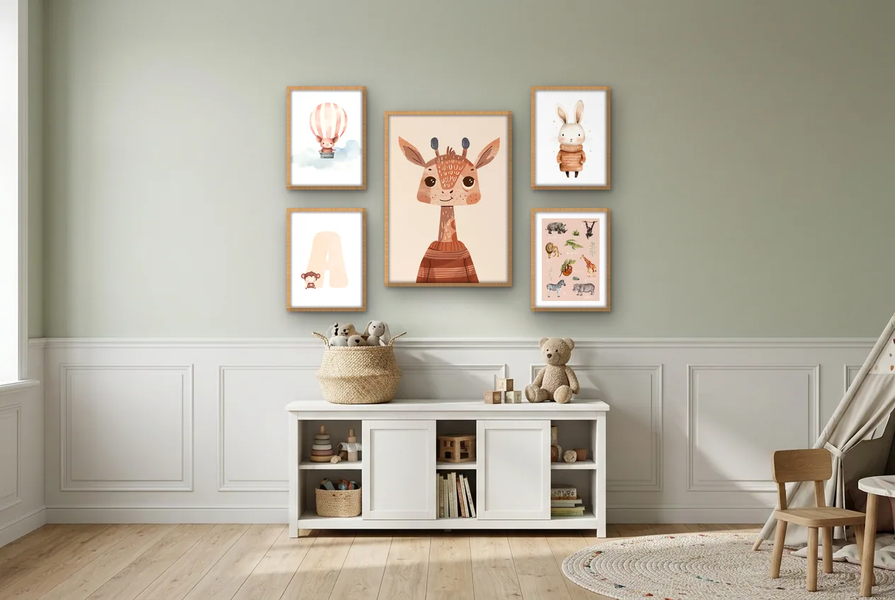 Fotowand met vijf kinderposters in een kamer