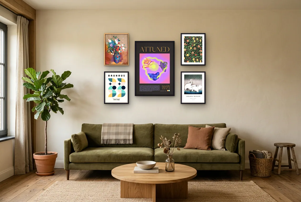 Fotowand met vijf kunst posters in een kamer