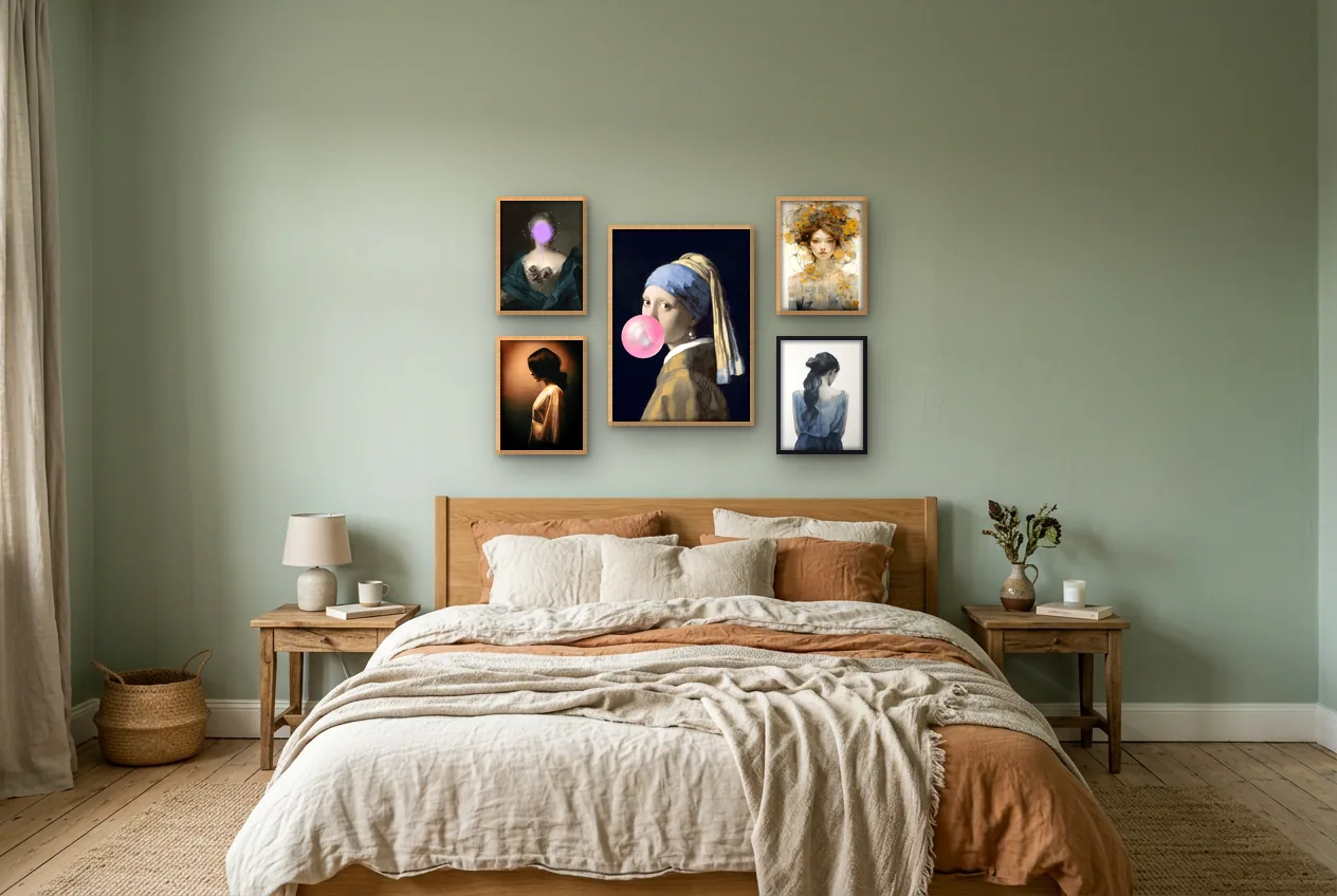 Fotowand met vijf portret posters in een kamer