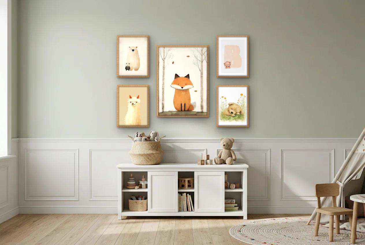 Fotowand met vijf posters voor de kinderkamer in een kamer