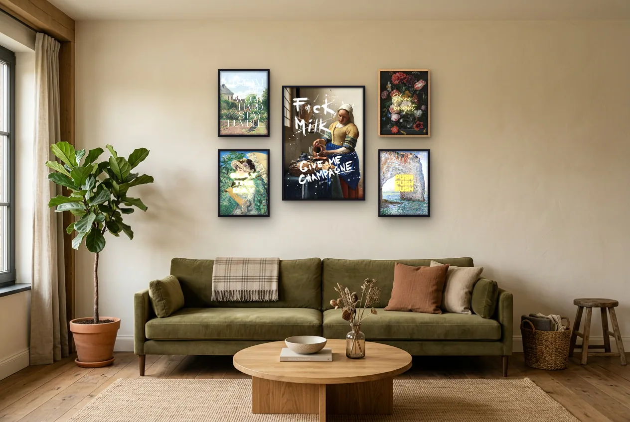Fotowand met vijf posters met tekst in een kamer