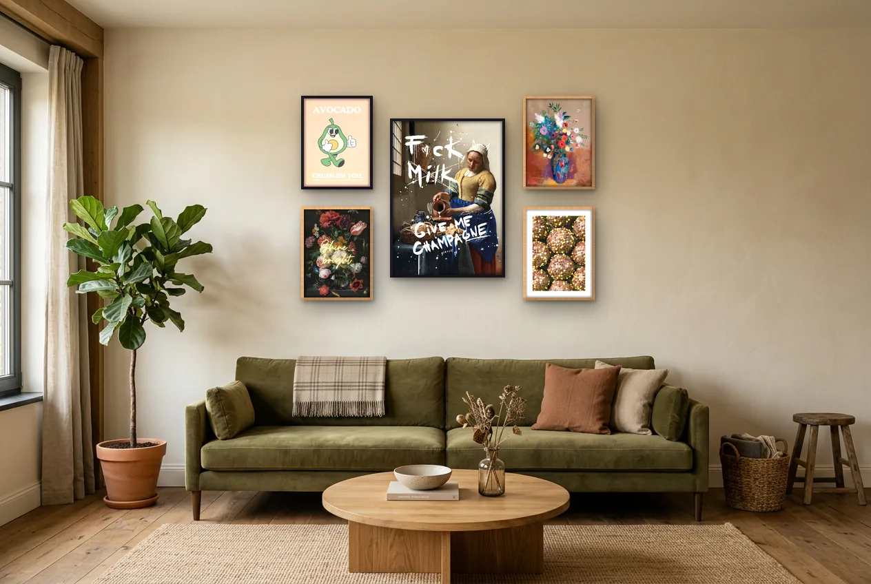 Fotowand met vijf posters over liefde in een kamer